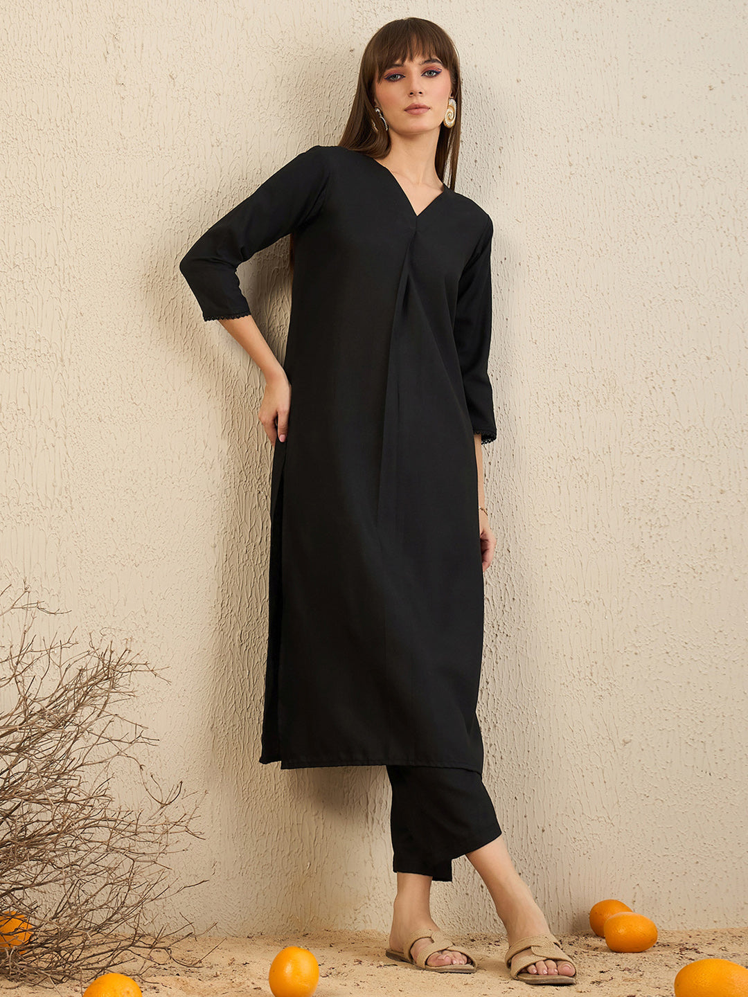 Indo Era Black Solid Straight Kurta Trousers Set