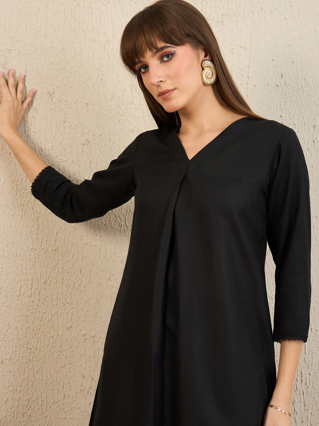 Indo Era Black Solid Straight Kurta Trousers Set