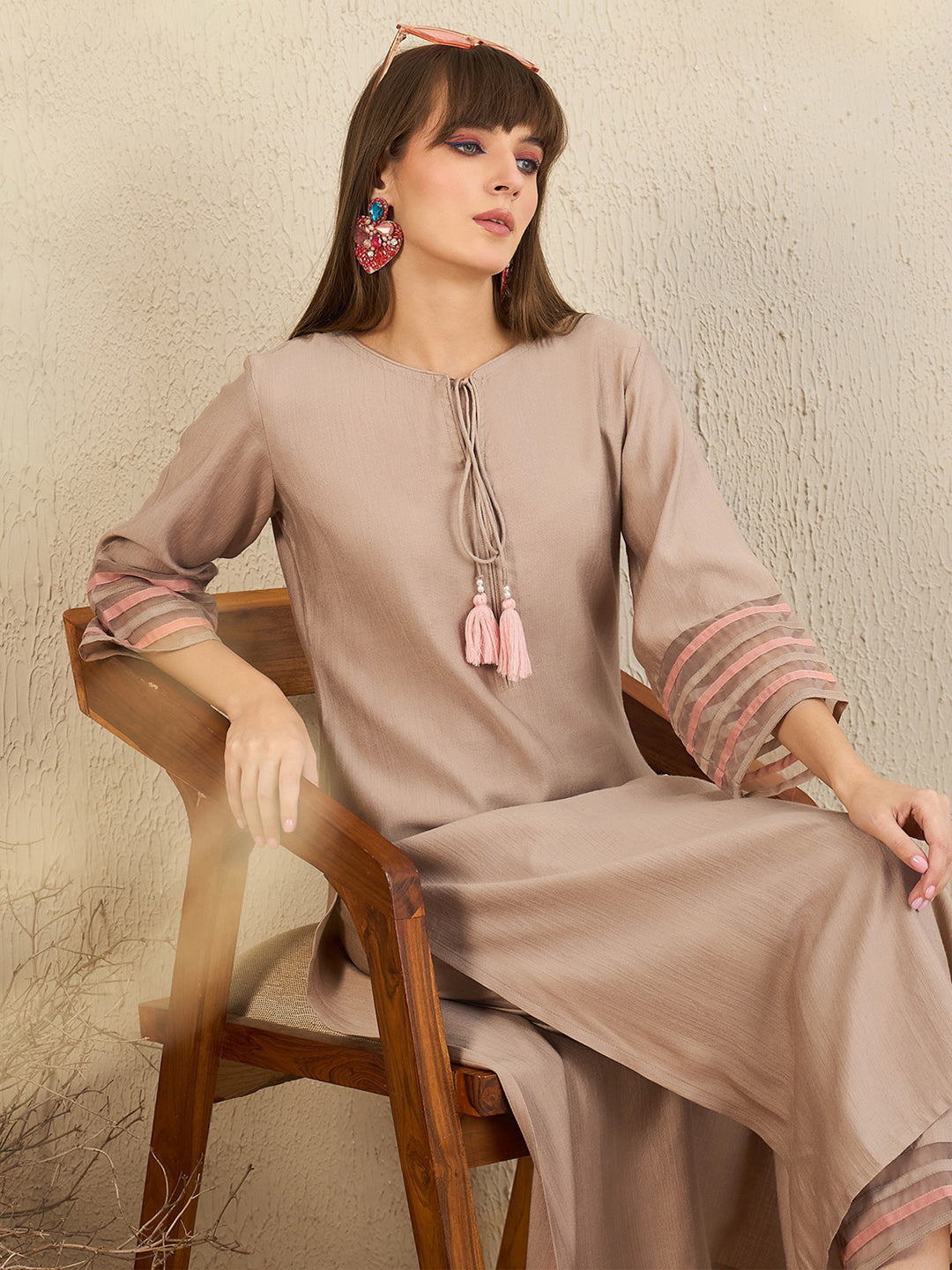 Indo Era Brown Self Design Straight Kurta Trousers Set