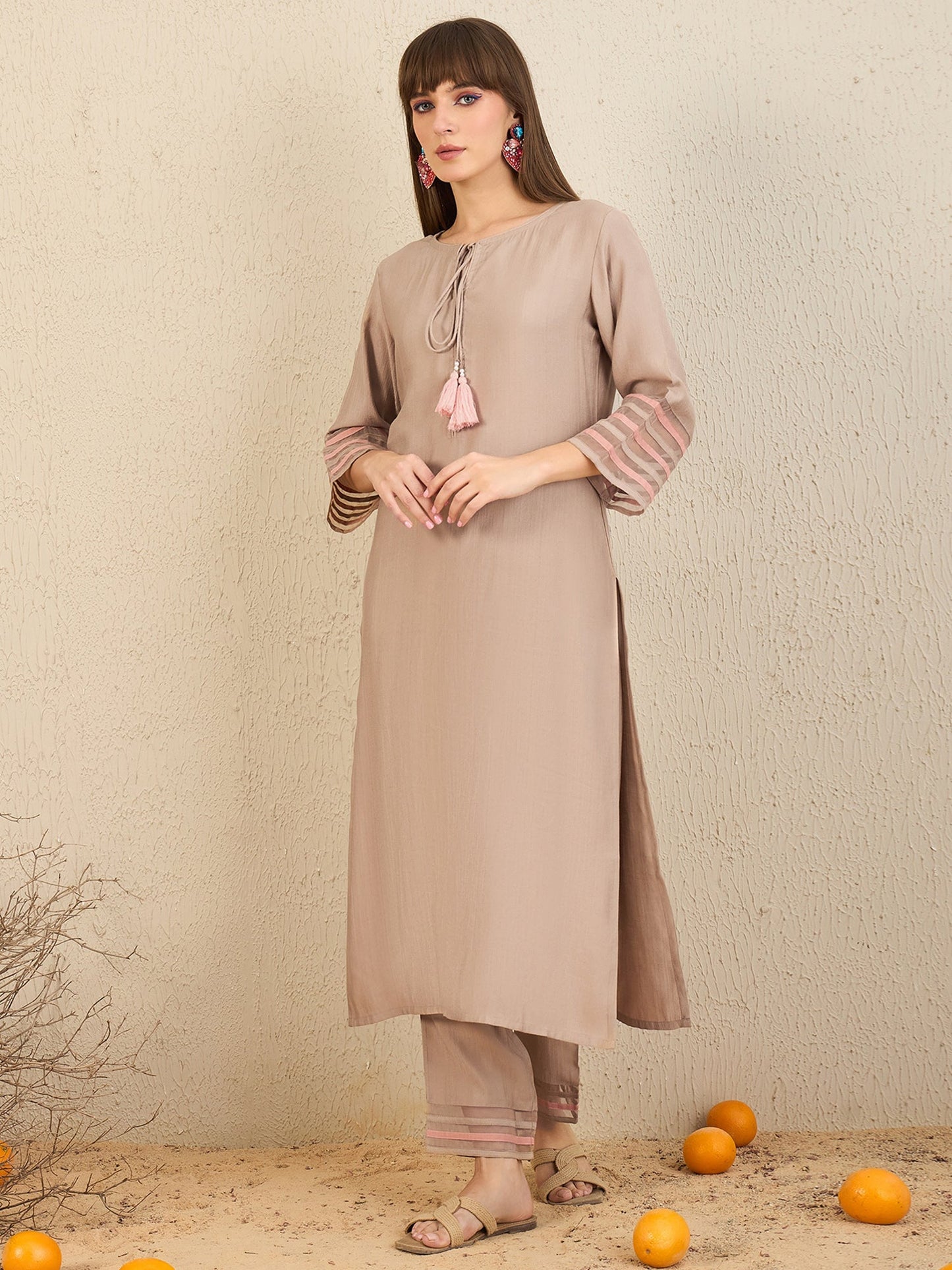 Indo Era Brown Self Design Straight Kurta Trousers Set