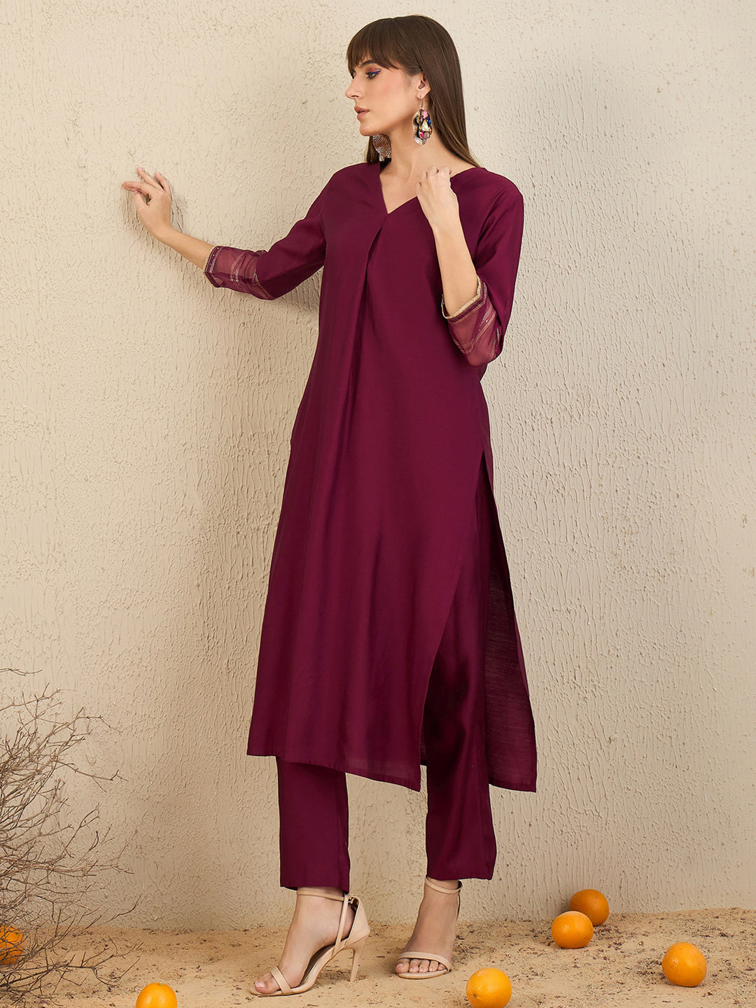 Indo Era Burgundy Self Design Straight Kurta Trousers Set