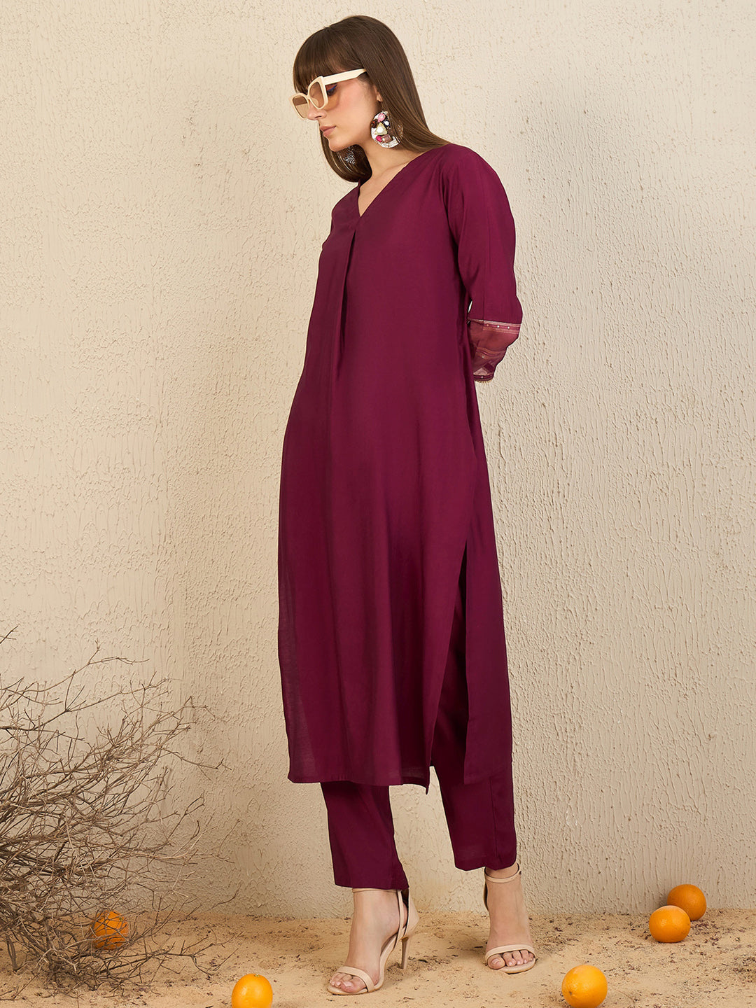 Indo Era Burgundy Self Design Straight Kurta Trousers Set