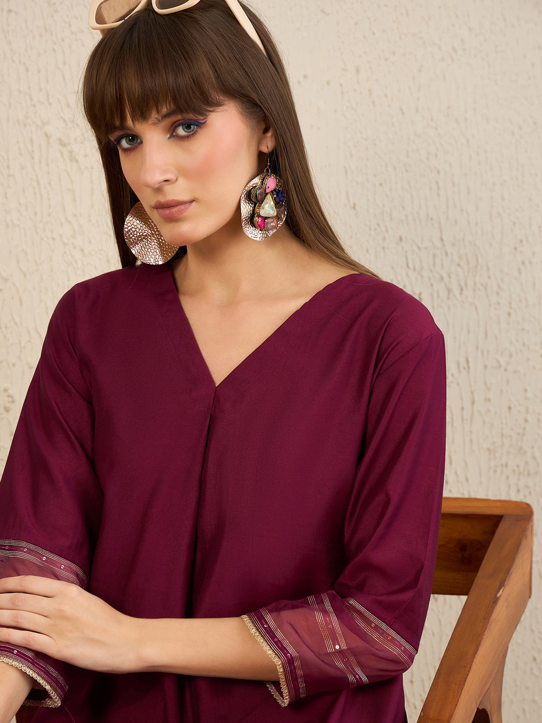 Indo Era Burgundy Self Design Straight Kurta Trousers Set