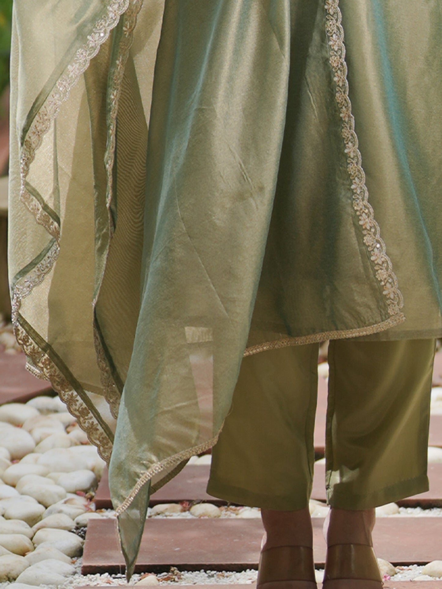 Indo Era Green Embroidered Straight Kurta Trousers With Dupatta set