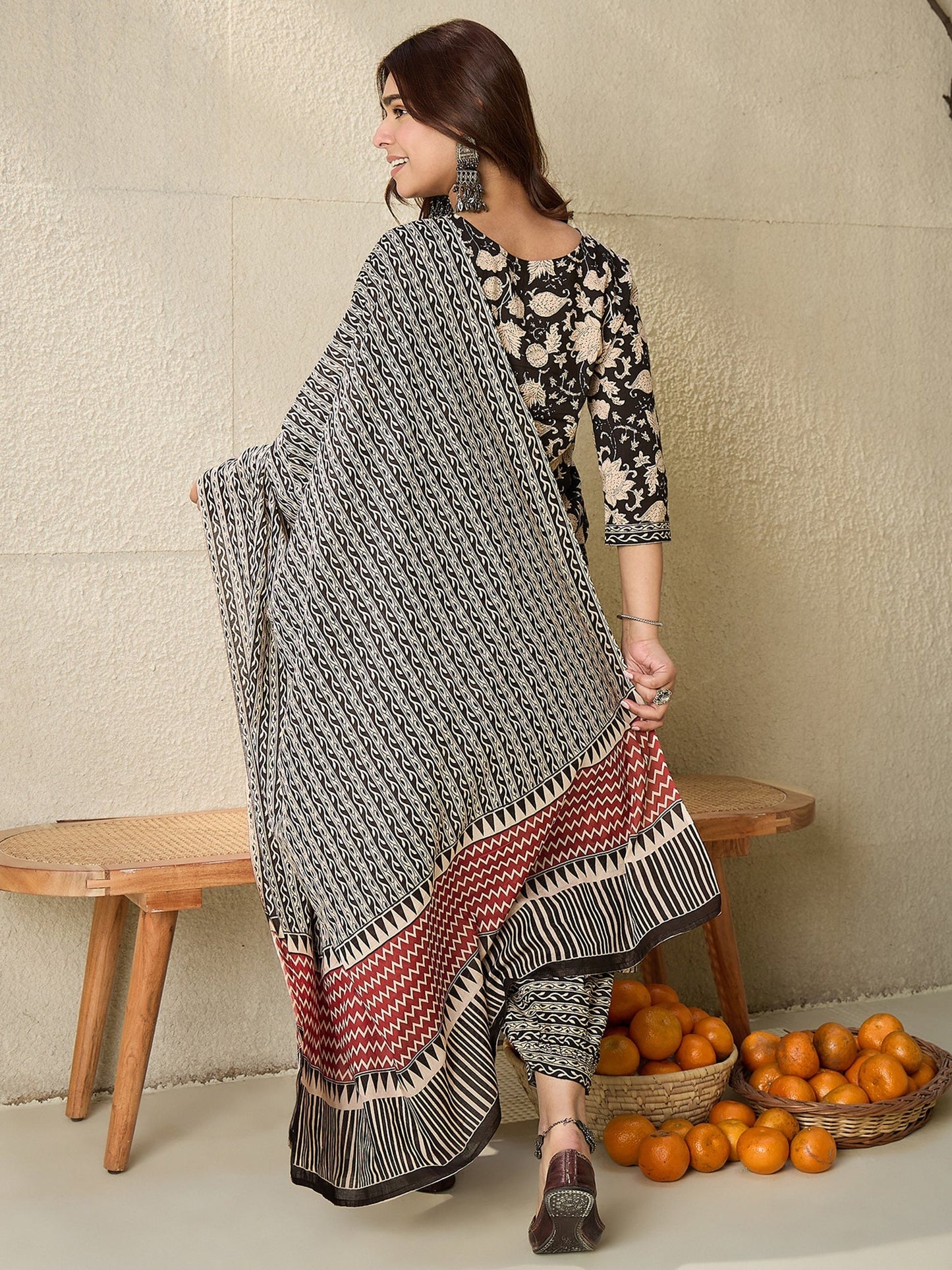 Indo Era Black Printed Straight Kurta Salwar With Dupatta set