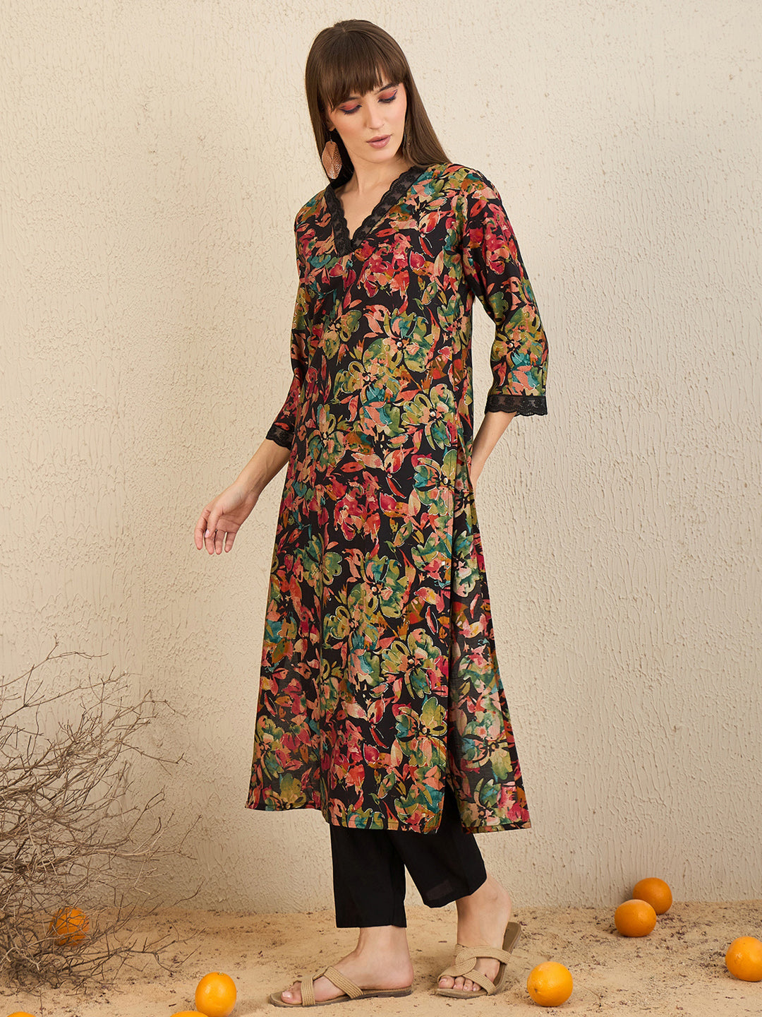 Indo Era Black Printed Straight Kurta Trousers Set
