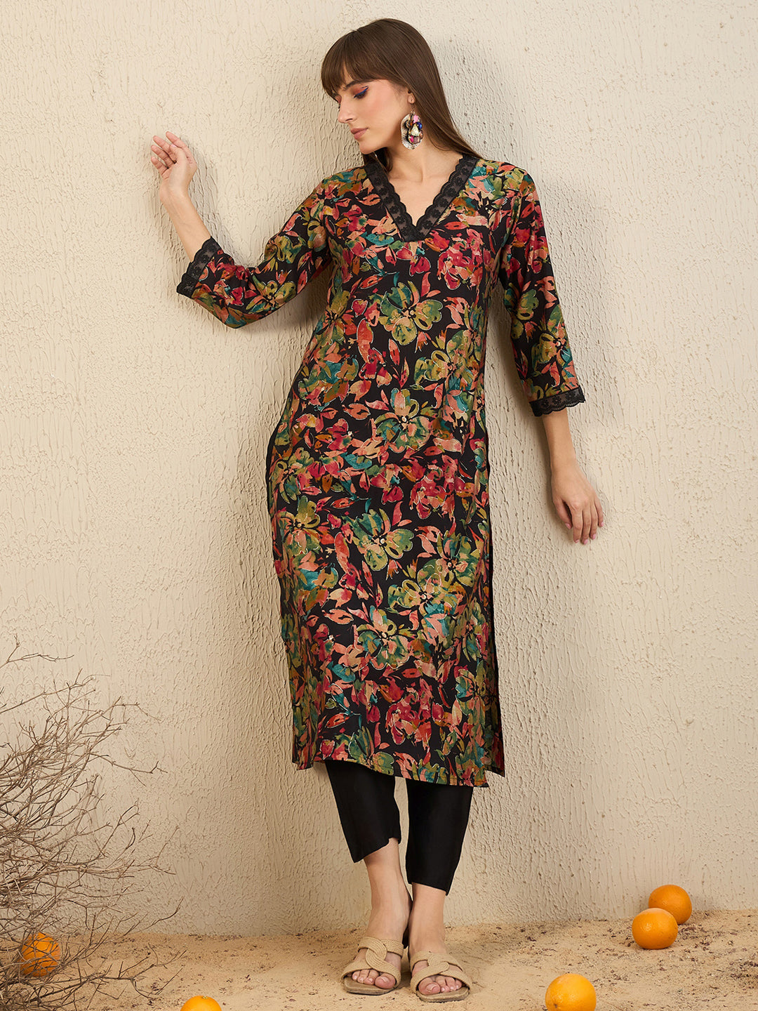 Indo Era Black Printed Straight Kurta Trousers Set