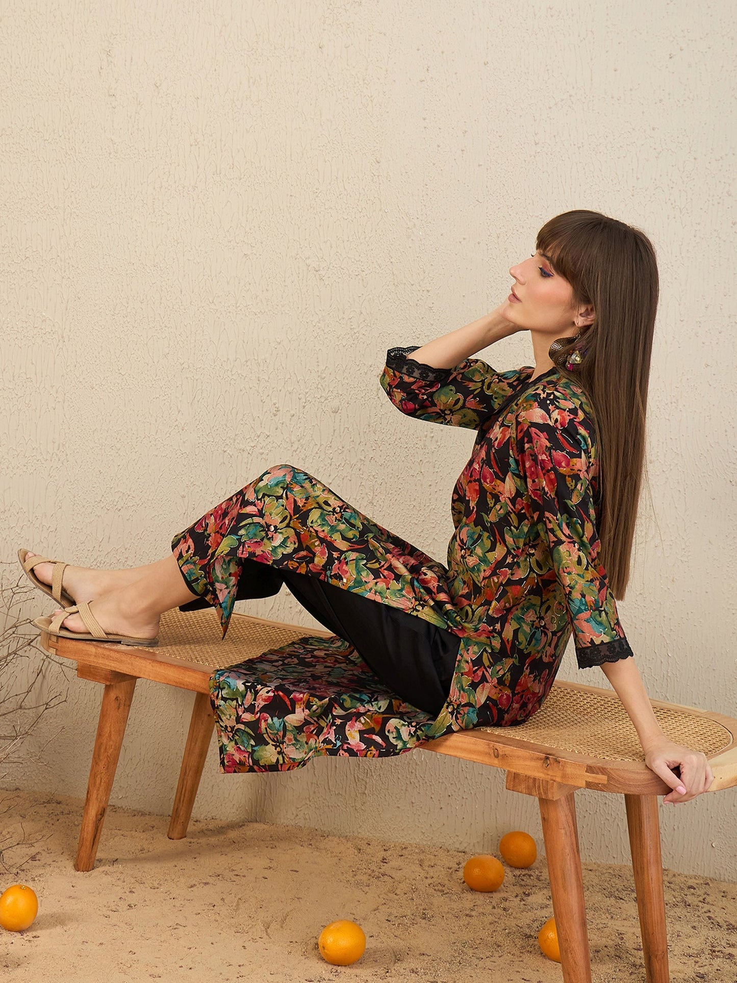 Indo Era Black Printed Straight Kurta Trousers Set