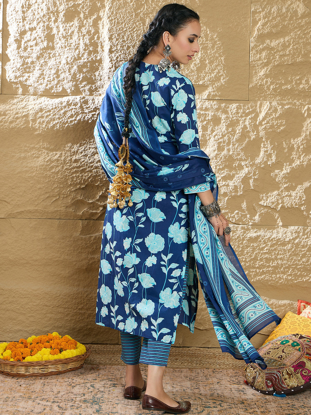 Indo Era Blue Printed Straight Kurta Trousers With Dupatta set