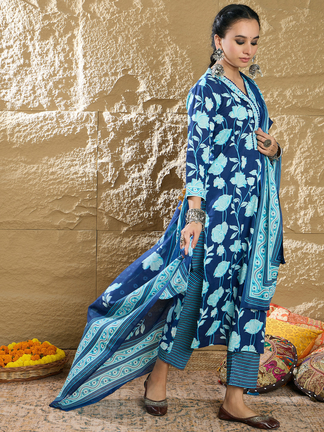 Indo Era Blue Printed Straight Kurta Trousers With Dupatta set