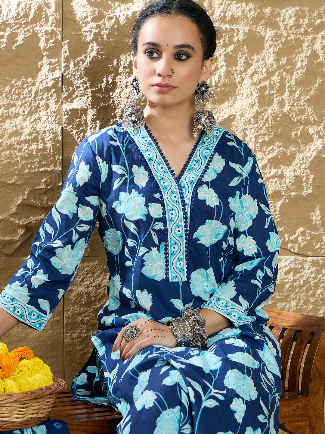 Indo Era Blue Printed Straight Kurta Trousers With Dupatta set