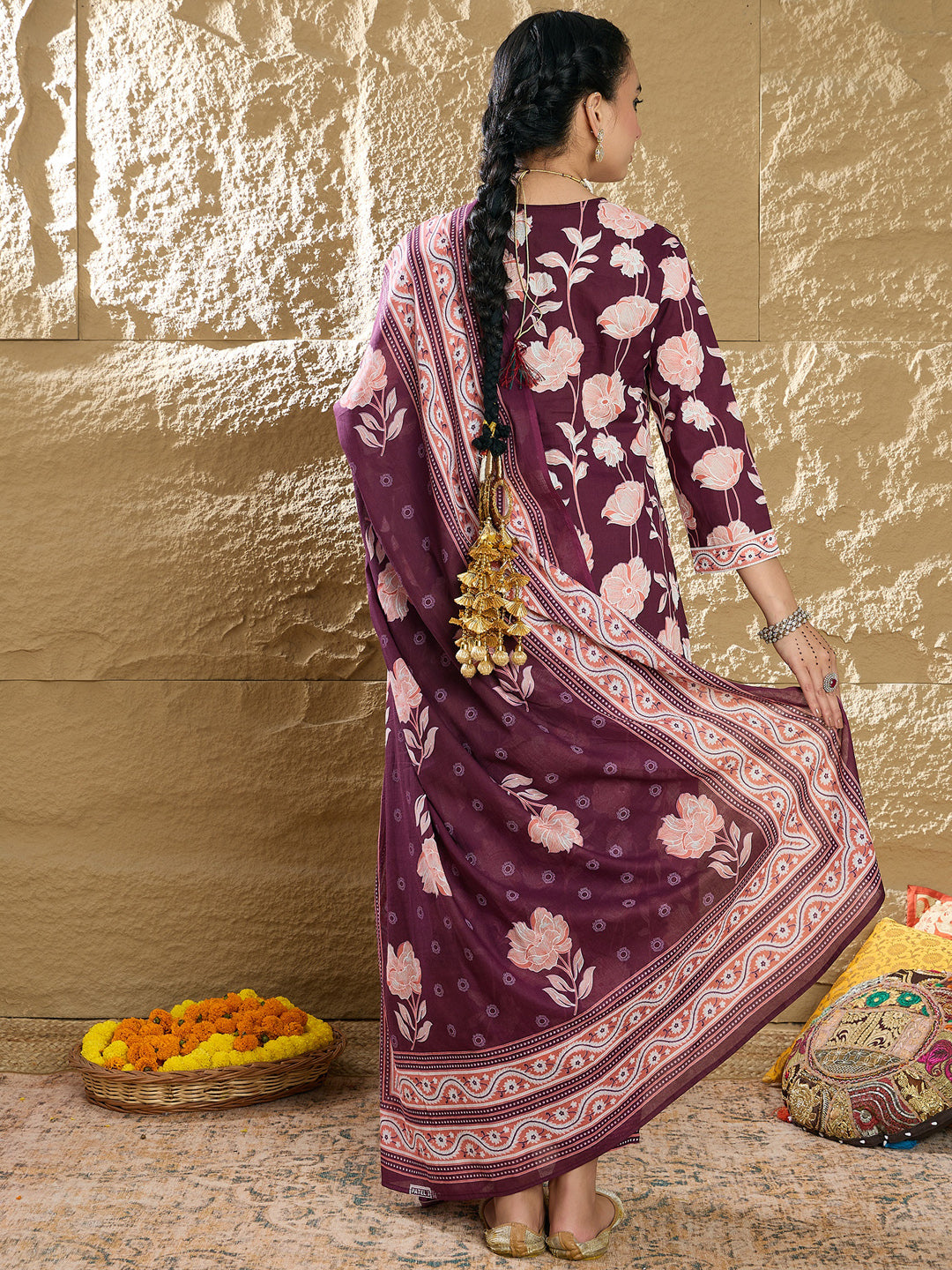 Indo Era Burgundy Printed Straight Kurta Trousers With Dupatta set
