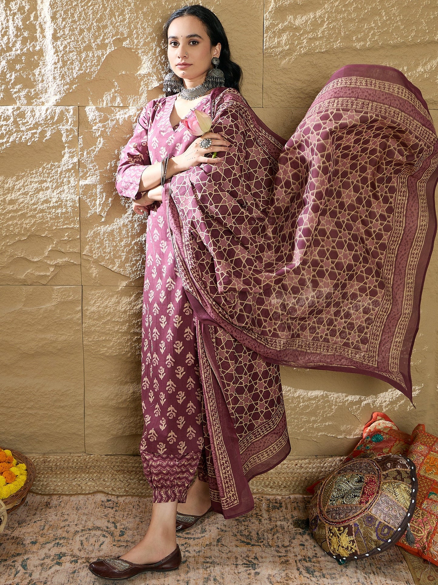 Indo Era Burgundy Printed Straight Kurta Salwar With Dupatta set