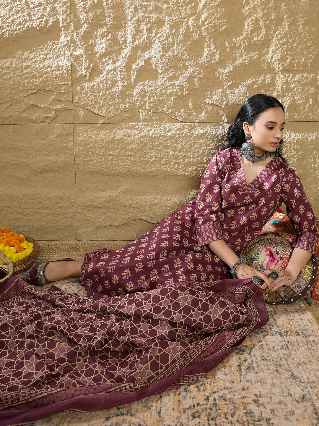 Indo Era Burgundy Printed Straight Kurta Salwar With Dupatta set