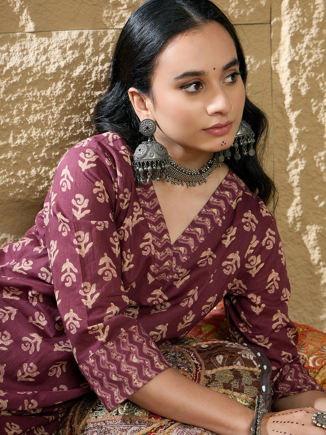 Indo Era Burgundy Printed Straight Kurta Salwar With Dupatta set