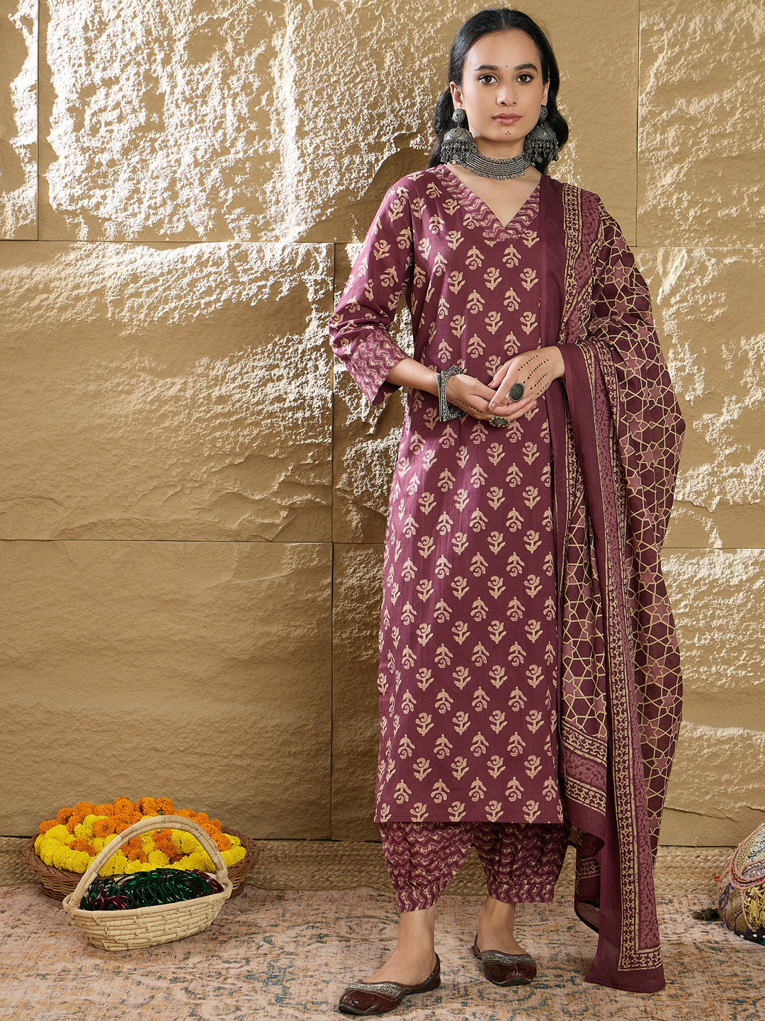 Indo Era Burgundy Printed Straight Kurta Salwar With Dupatta set