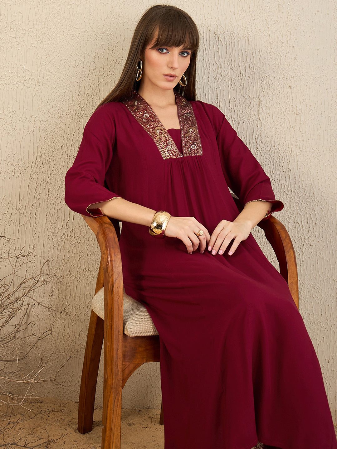 Maroon Woven Design A-Line Kurta Trousers Set