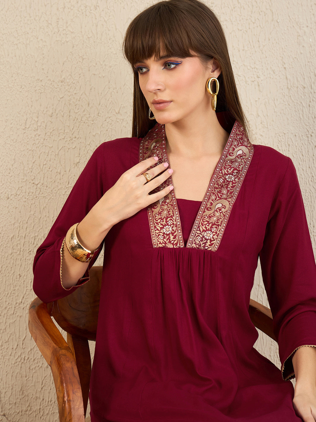 Maroon Woven Design A-Line Kurta Trousers Set