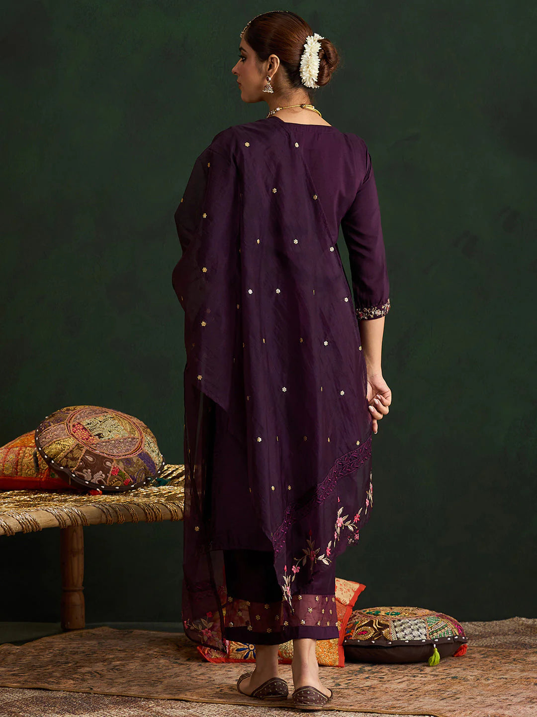 Burgundy Embroidered Straight Kurta Trousers With Dupatta set