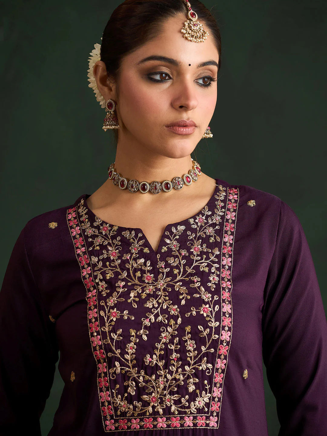 Burgundy Embroidered Straight Kurta Trousers With Dupatta set