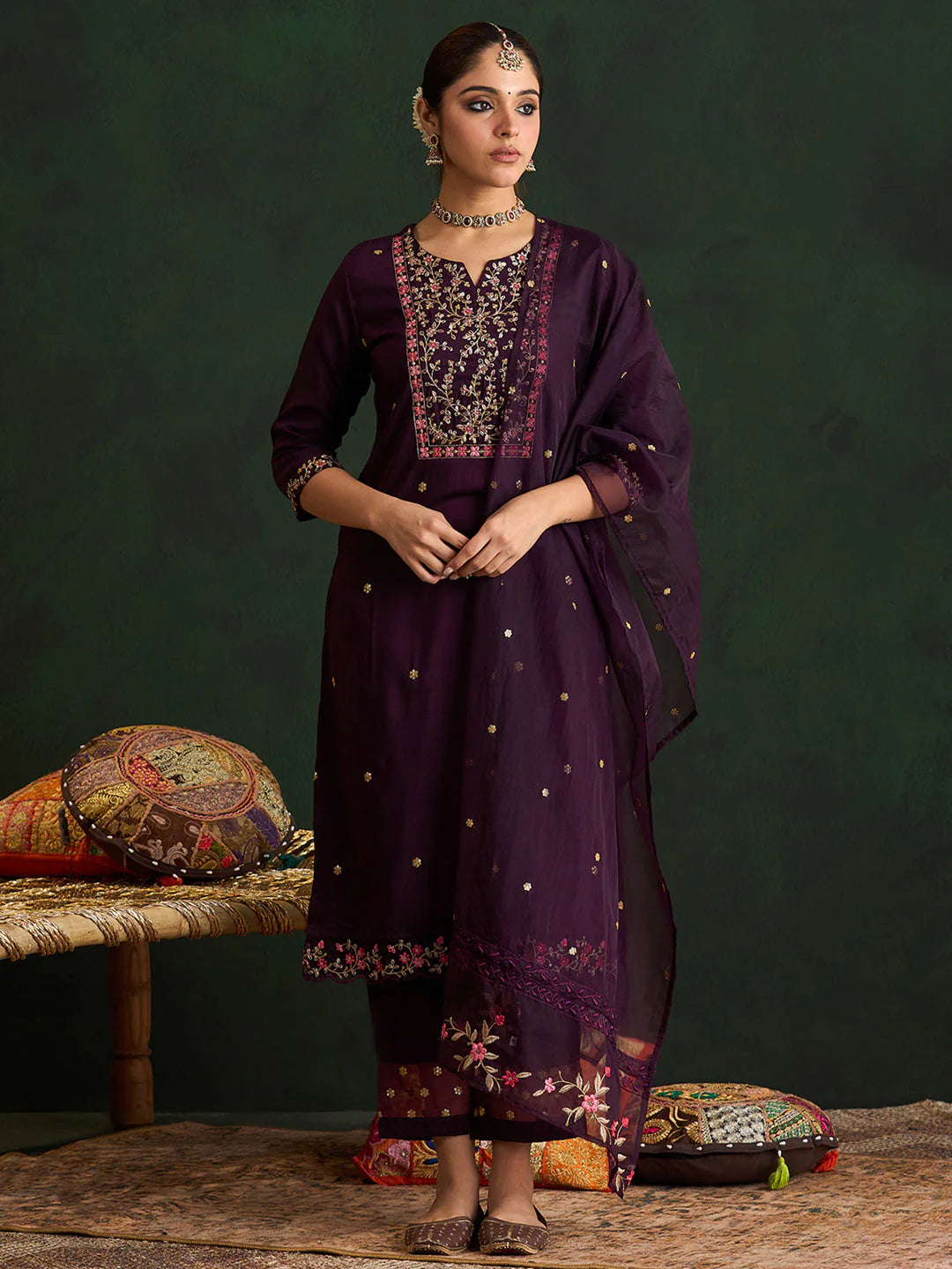 Burgundy Embroidered Straight Kurta Trousers With Dupatta set