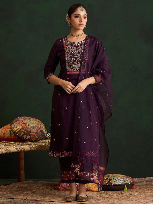 Burgundy Embroidered Straight Kurta Trousers With Dupatta set