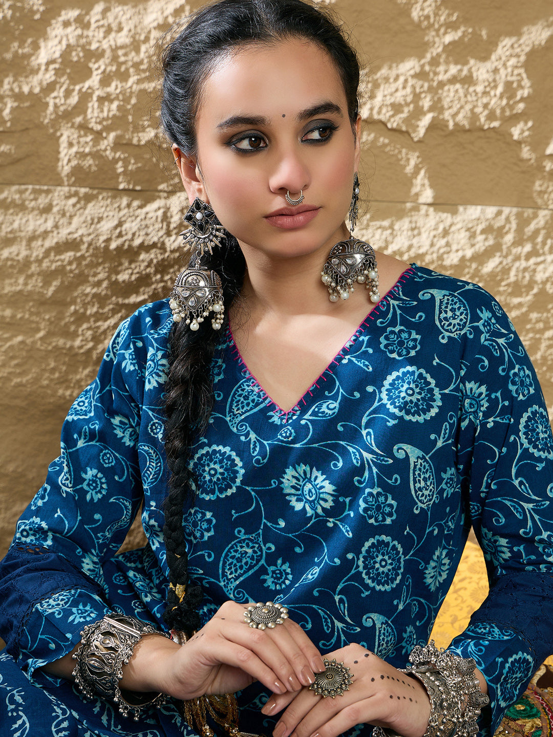 Indo Era Blue Printed Straight Kurta Trousers With Dupatta set