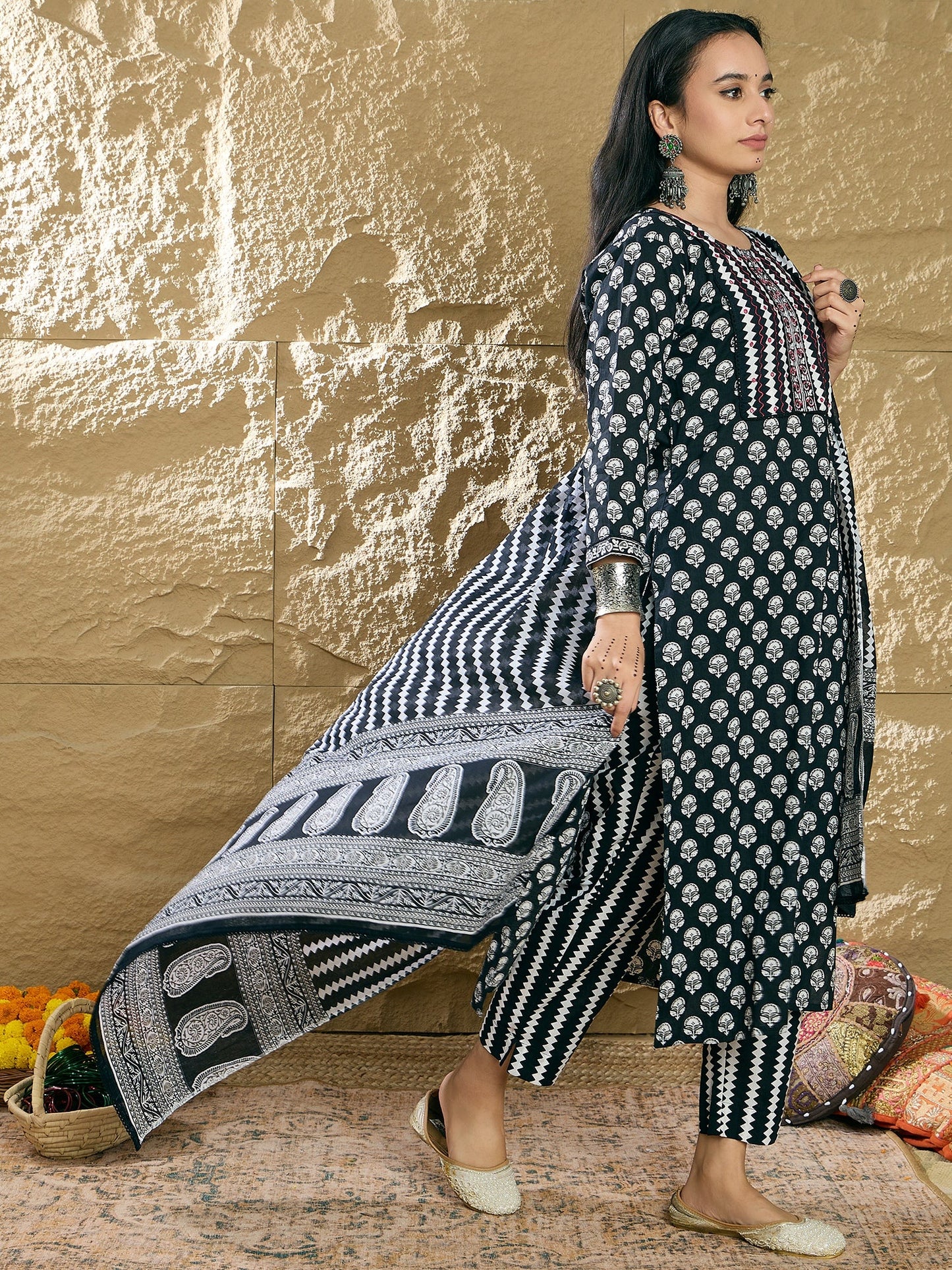 Indo Era Black Printed Straight Kurta Trousers With Dupatta set