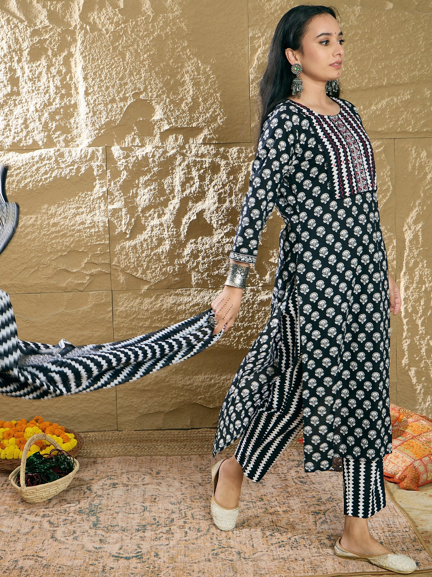 Indo Era Black Printed Straight Kurta Trousers With Dupatta set