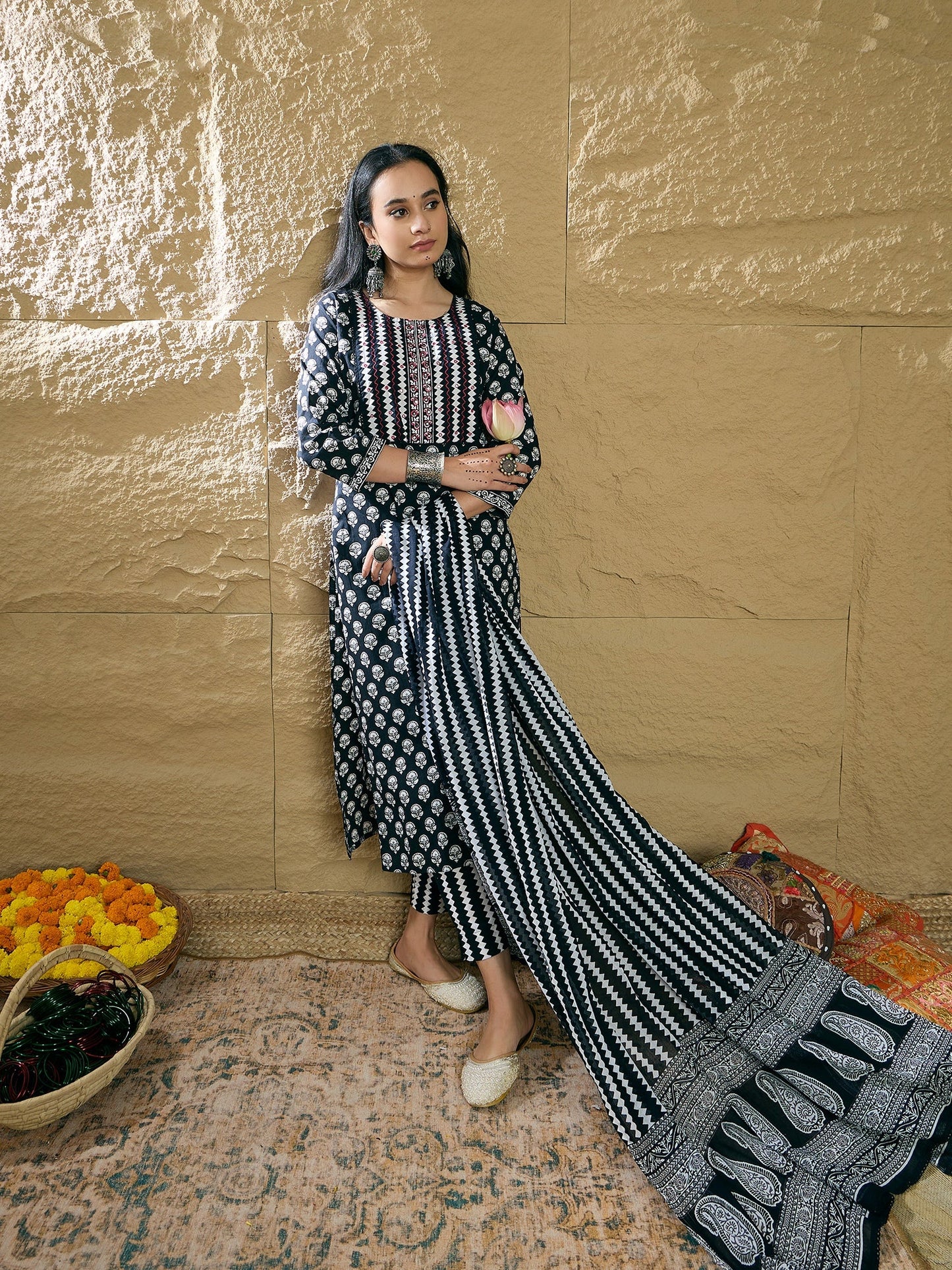 Indo Era Black Printed Straight Kurta Trousers With Dupatta set