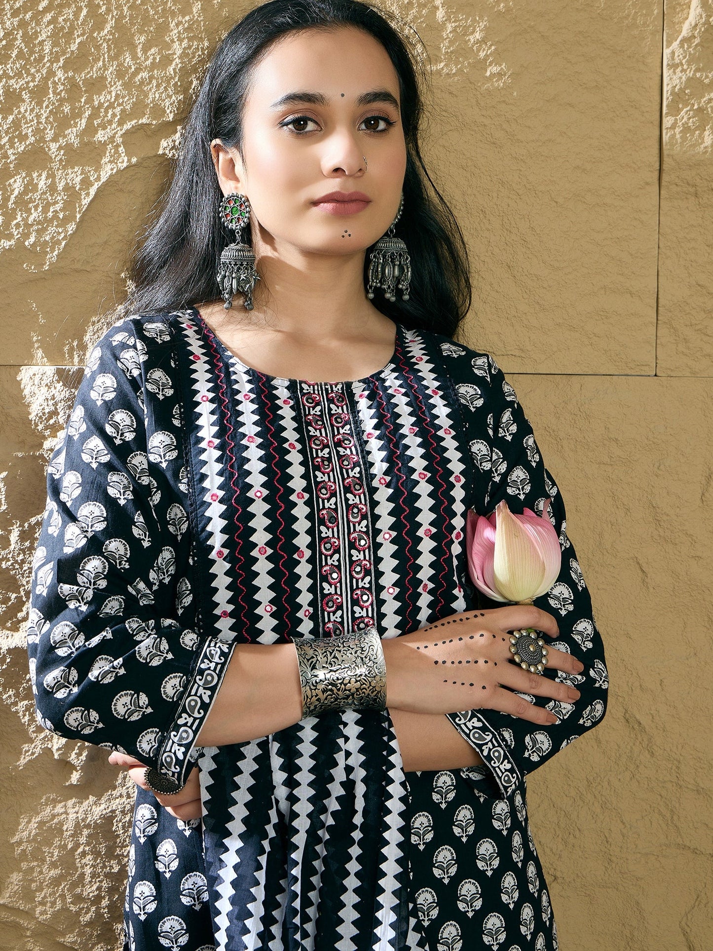 Indo Era Black Printed Straight Kurta Trousers With Dupatta set