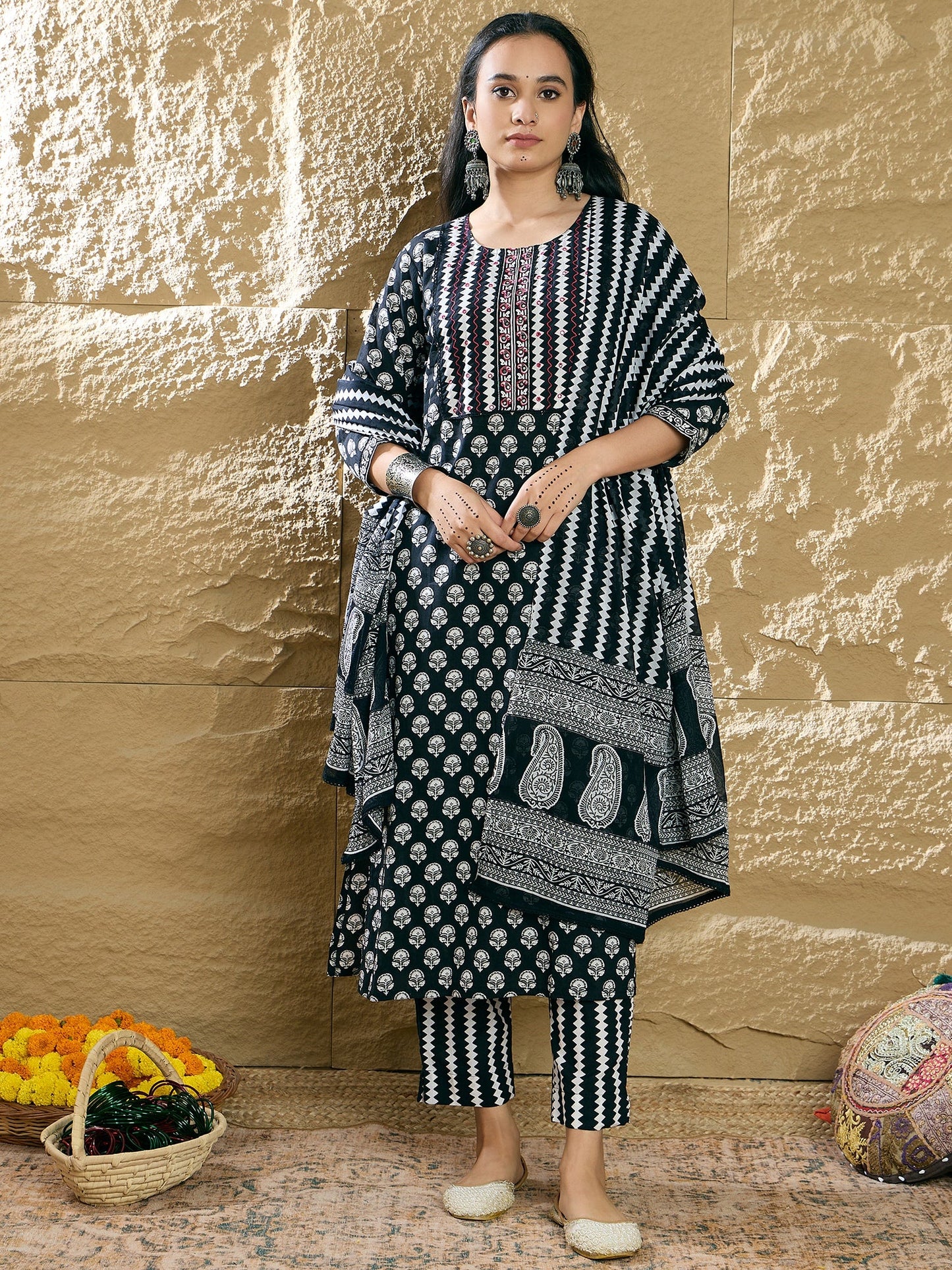 Indo Era Black Printed Straight Kurta Trousers With Dupatta set