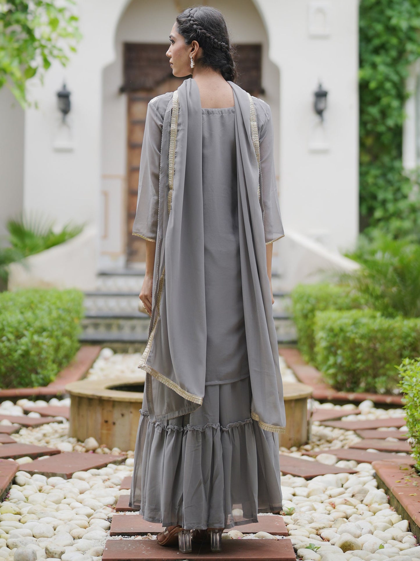 Indo Era Grey Embroidered Straight Kurta Sharara With Dupatta set