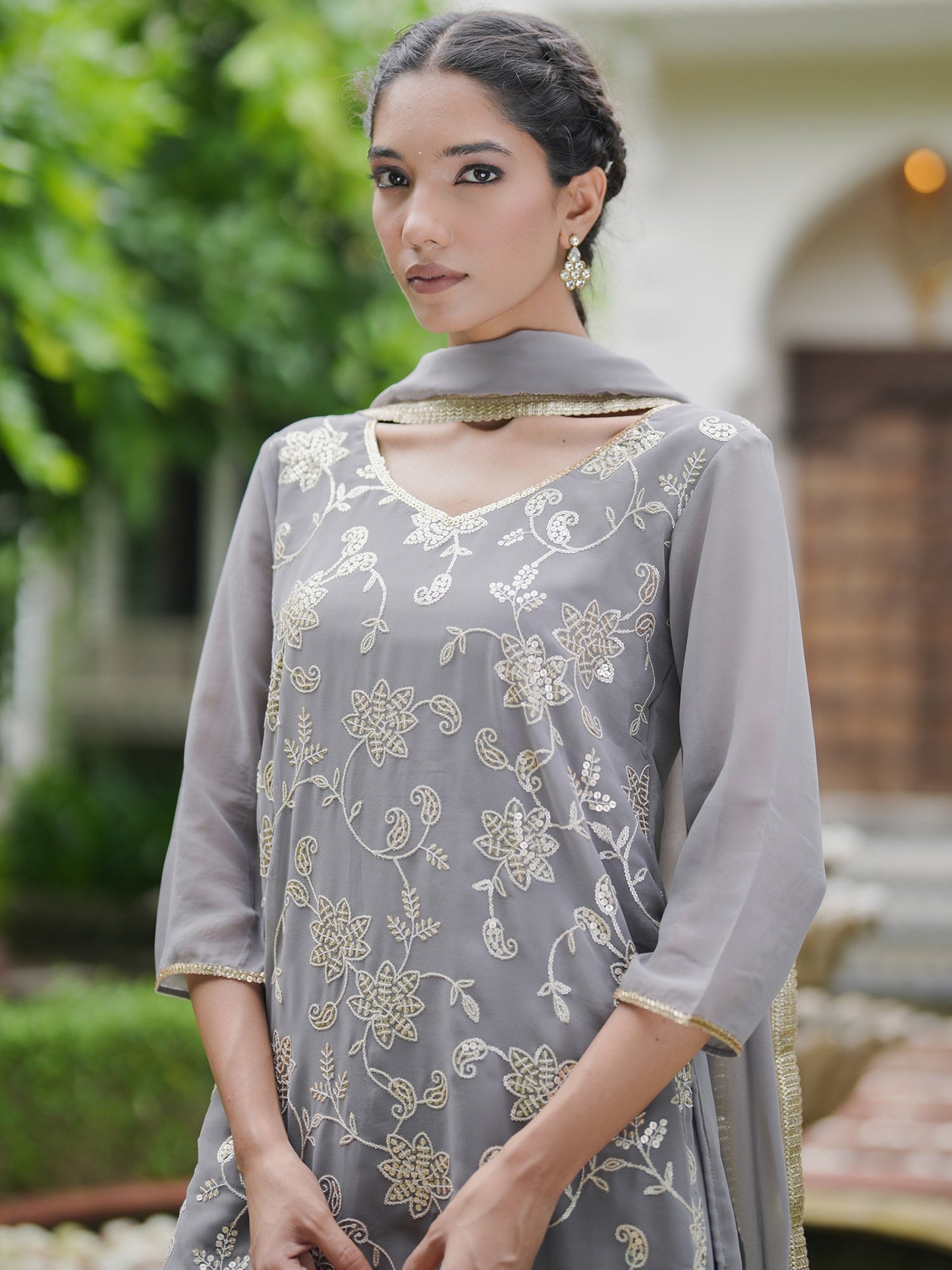 Indo Era Grey Embroidered Straight Kurta Sharara With Dupatta set