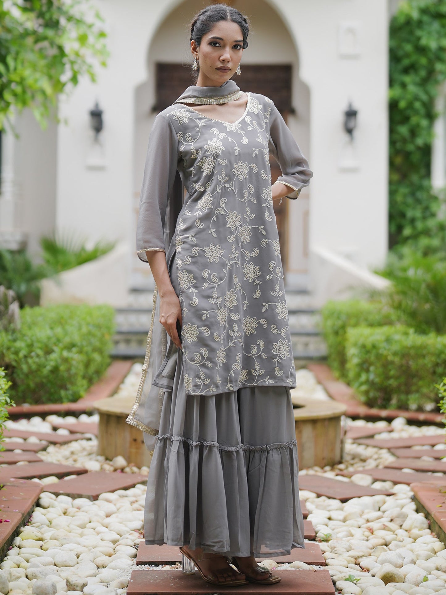 Indo Era Grey Embroidered Straight Kurta Sharara With Dupatta set