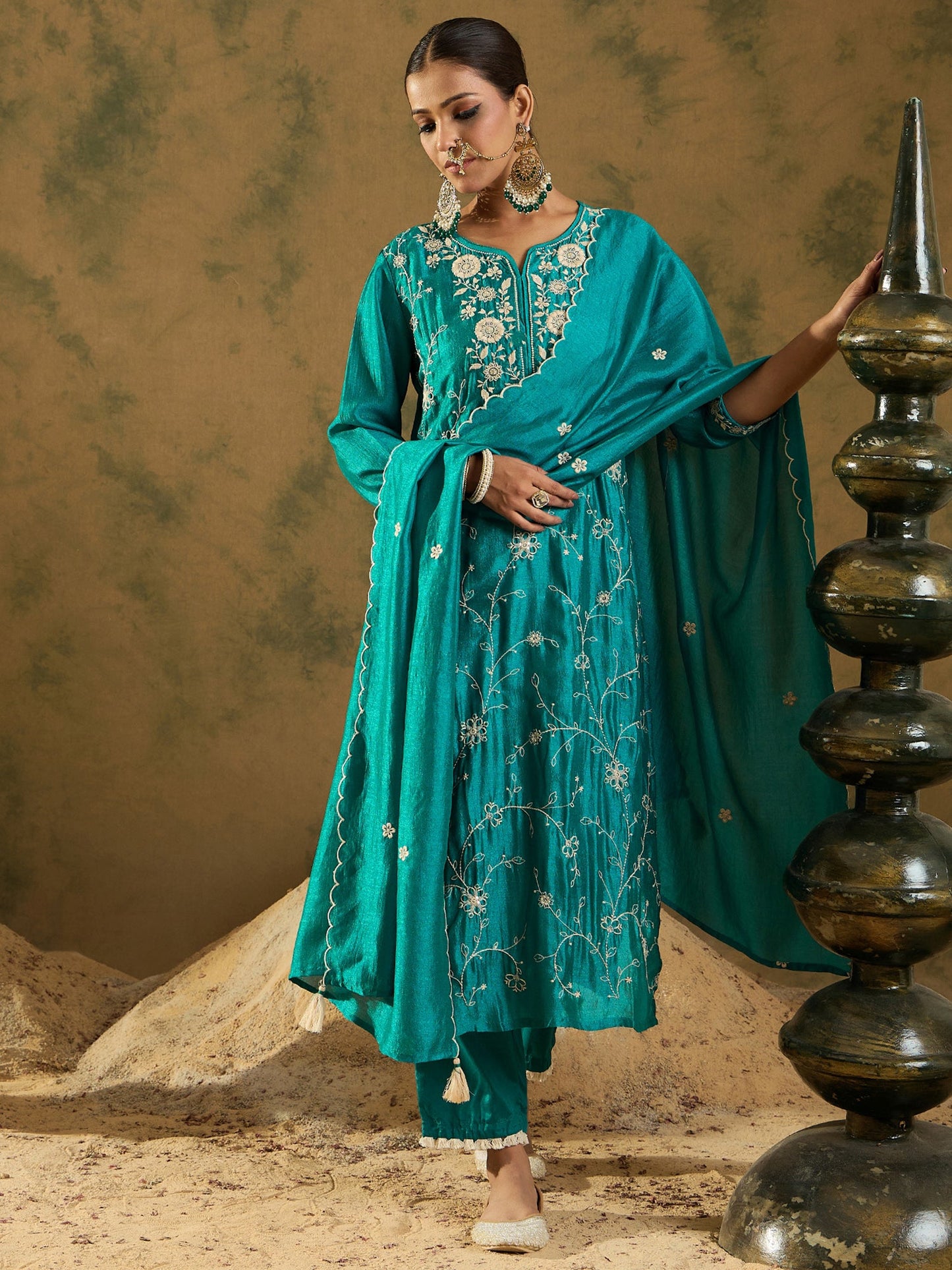 Indo Era Blue Embroidered Straight Kurta Trousers With Dupatta Set
