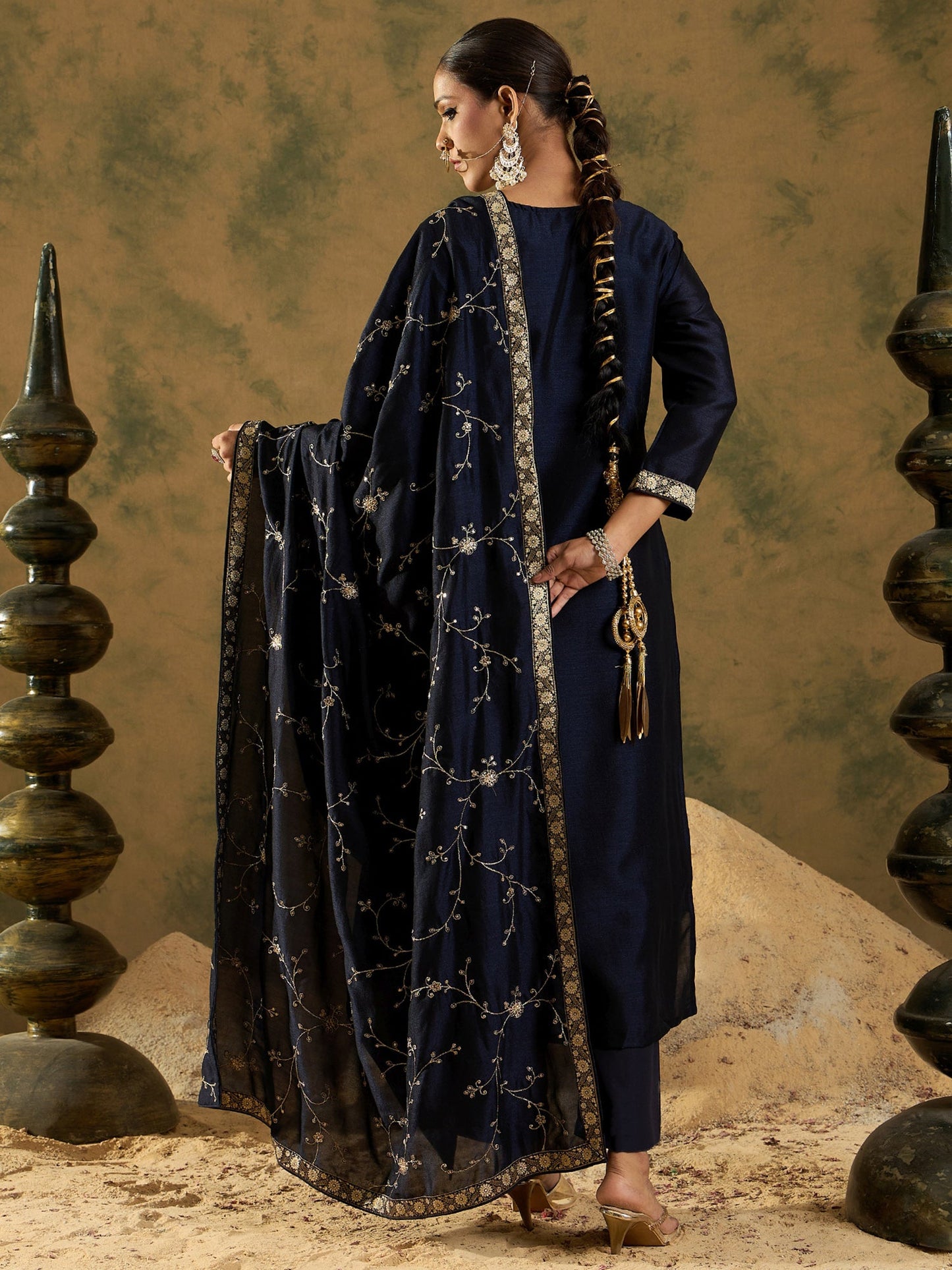 Indo Era Blue Embroidered Straight Kurta Trousers With Dupatta set