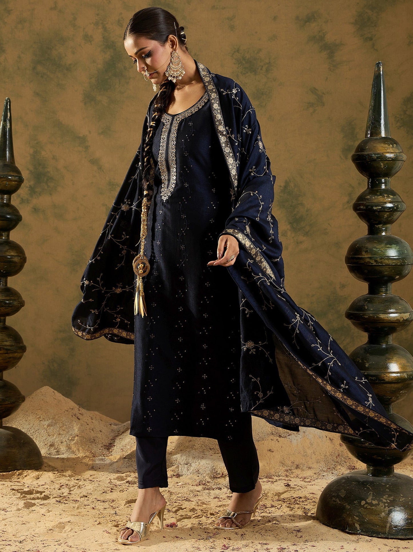 Indo Era Blue Embroidered Straight Kurta Trousers With Dupatta set