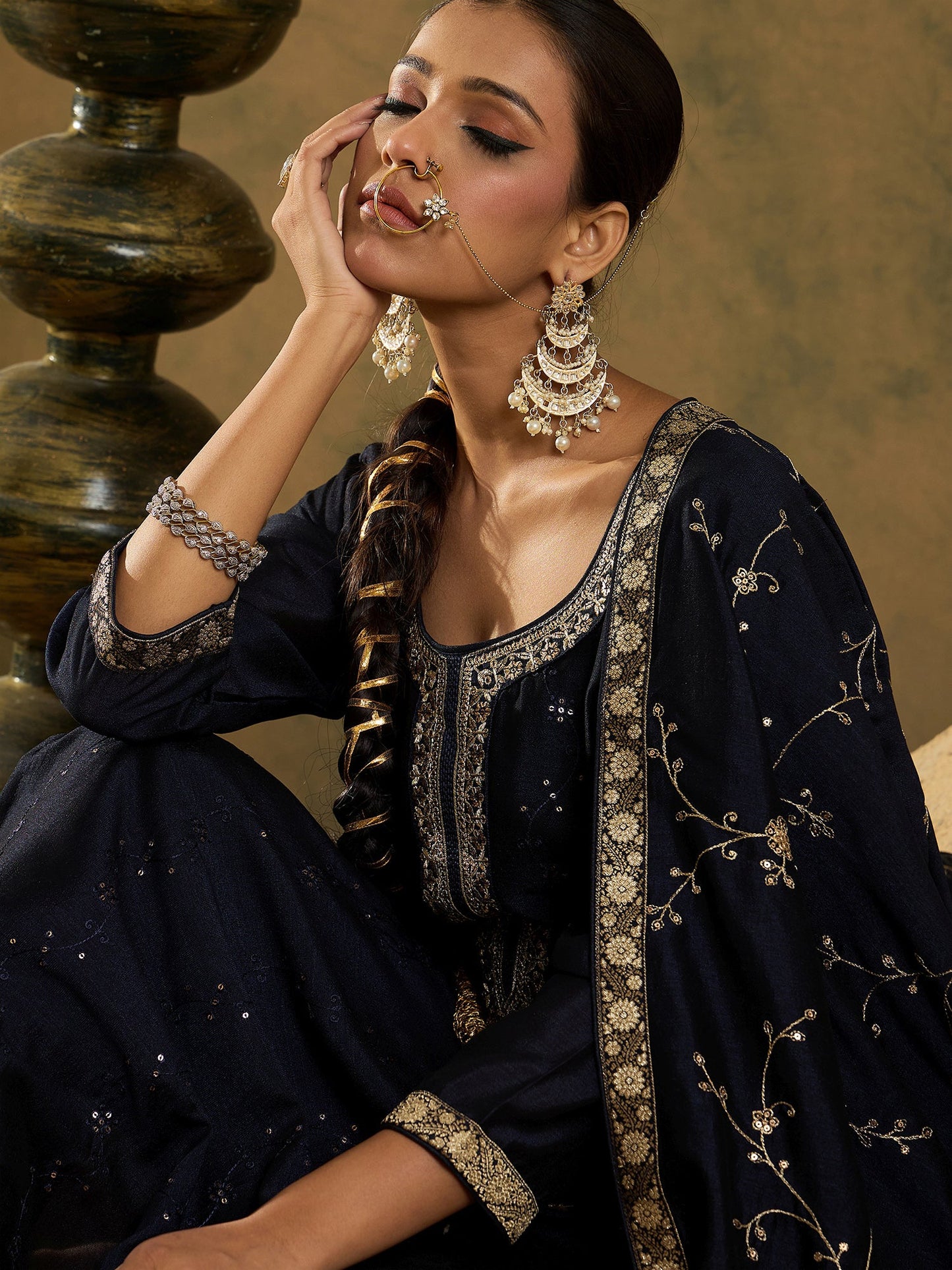 Indo Era Blue Embroidered Straight Kurta Trousers With Dupatta set