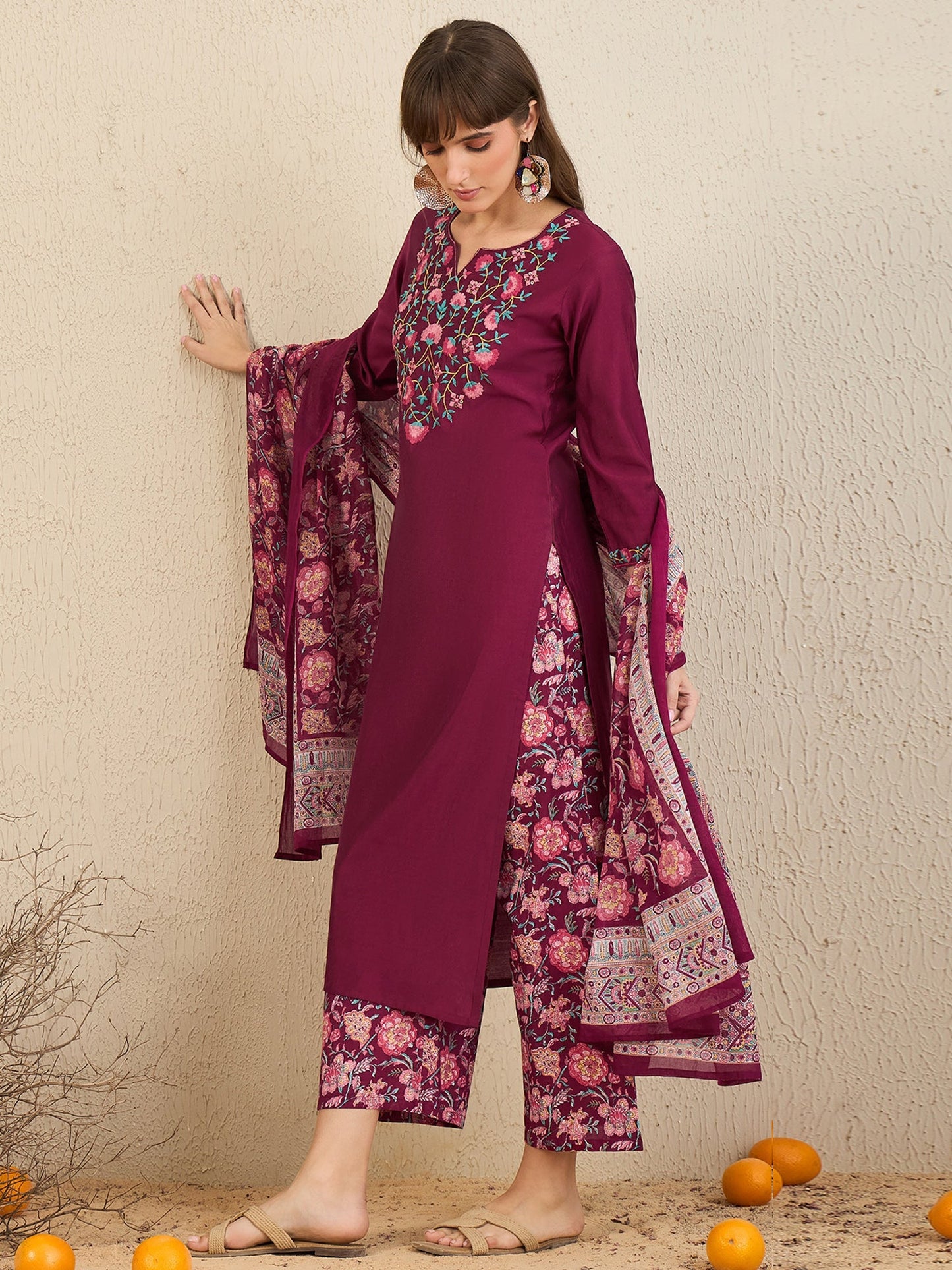 Indo Era Burgundy Embroidered Straight Kurta Palazzos With Dupatta Set