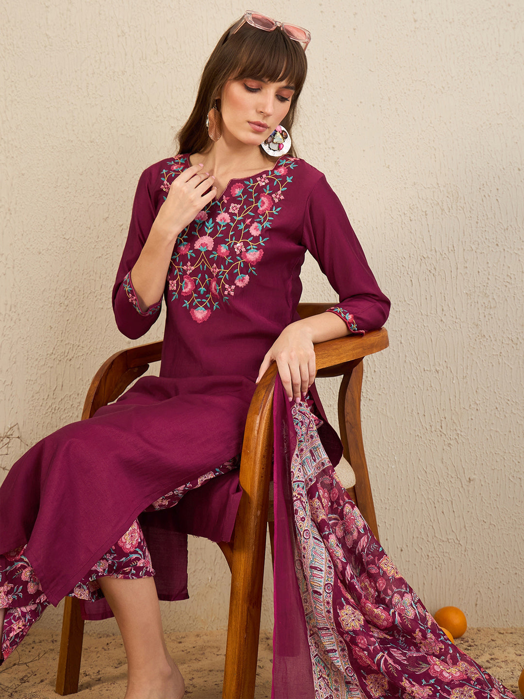 Indo Era Burgundy Embroidered Straight Kurta Palazzos With Dupatta Set