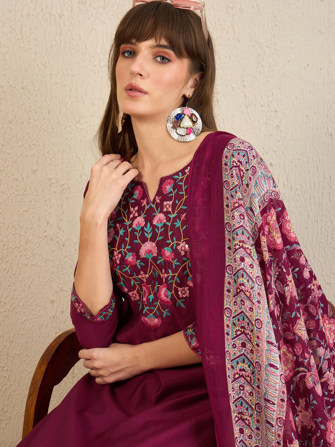 Indo Era Burgundy Embroidered Straight Kurta Palazzos With Dupatta Set