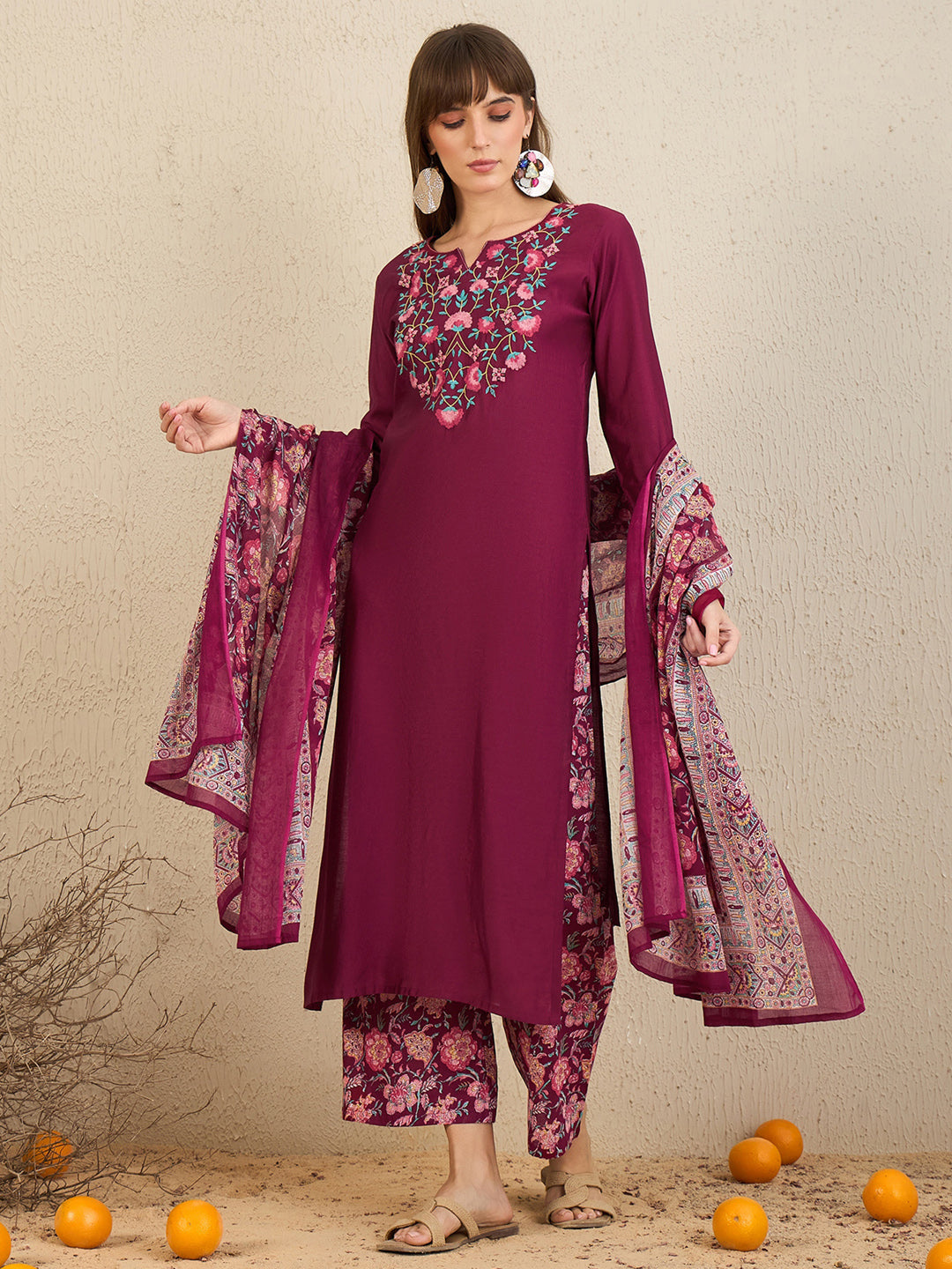 Indo Era Burgundy Embroidered Straight Kurta Palazzos With Dupatta Set