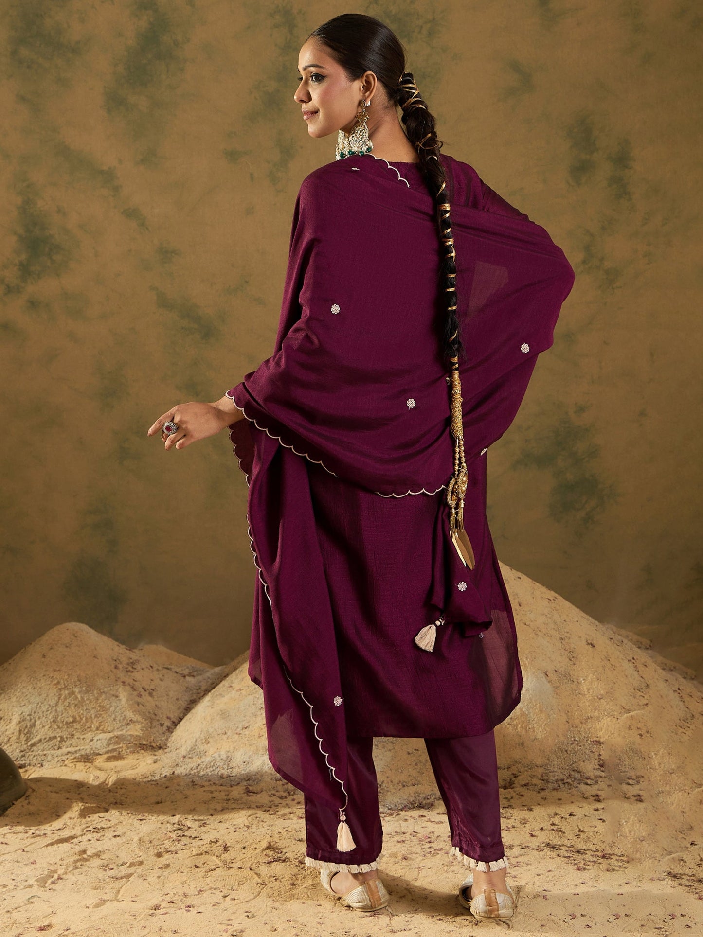 Indo Era Burgandy Straight Embroidered Kurta Trousers With Dupatta Set