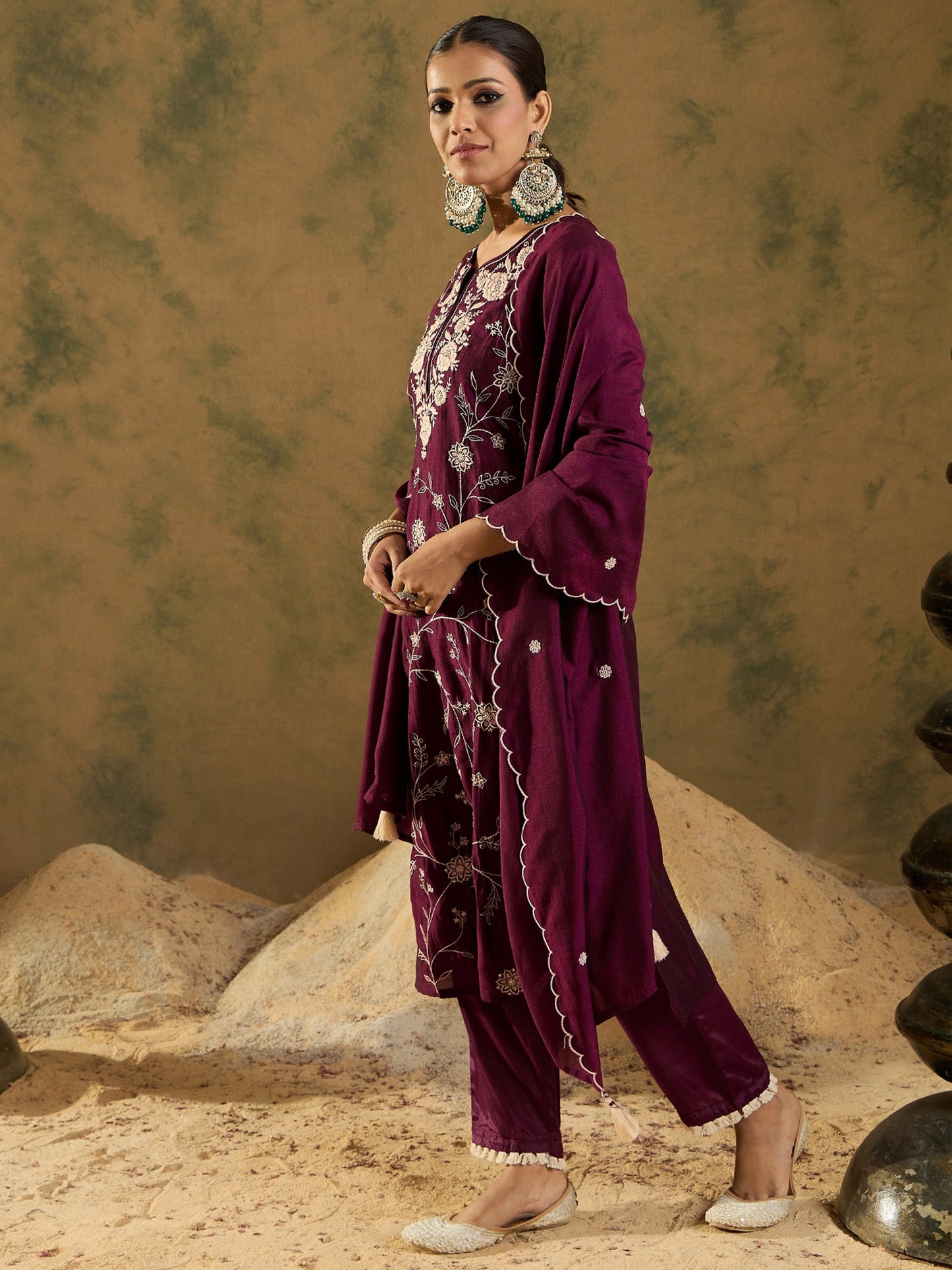 Indo Era Burgandy Straight Embroidered Kurta Trousers With Dupatta Set