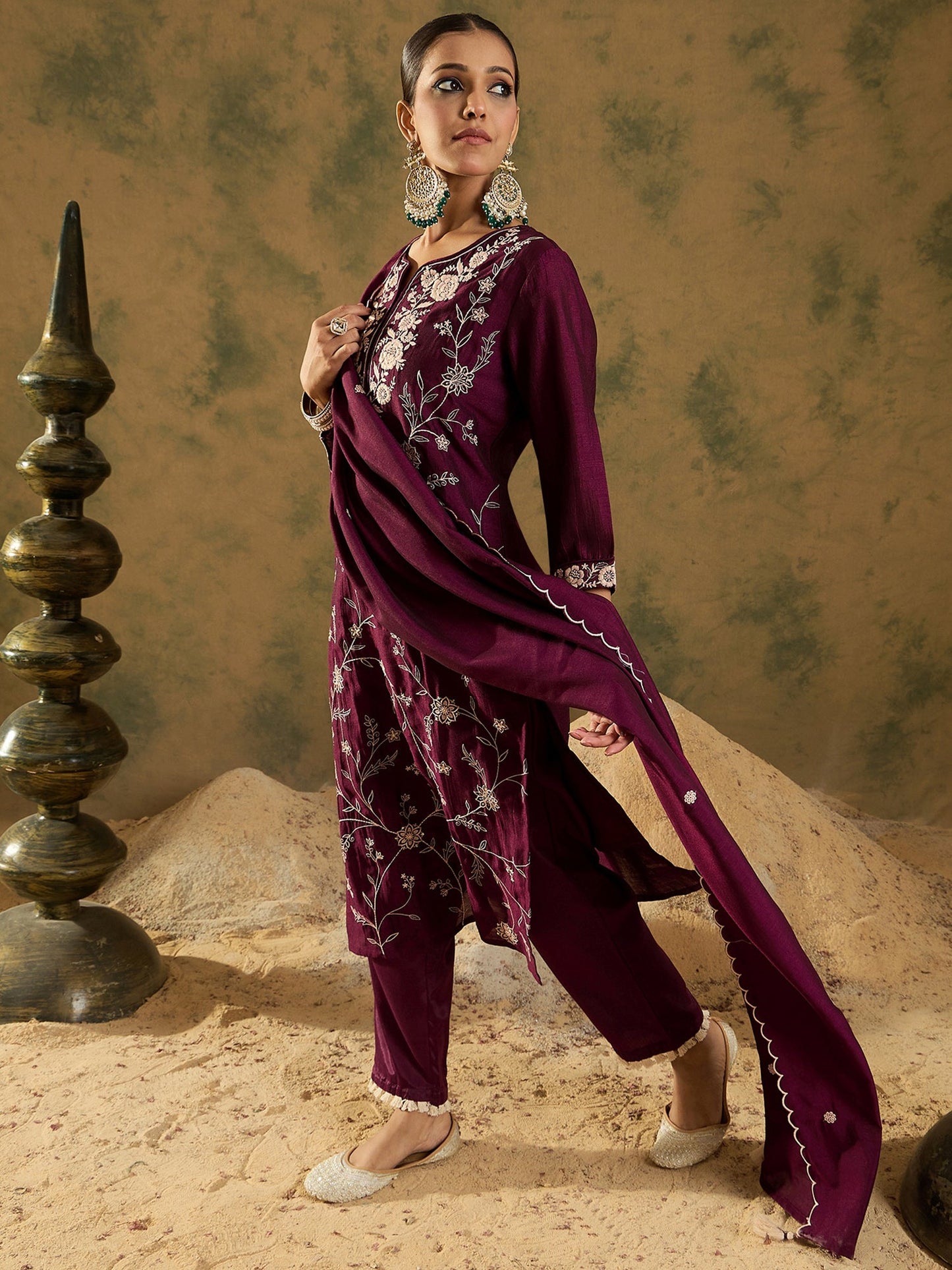 Indo Era Burgandy Straight Embroidered Kurta Trousers With Dupatta Set
