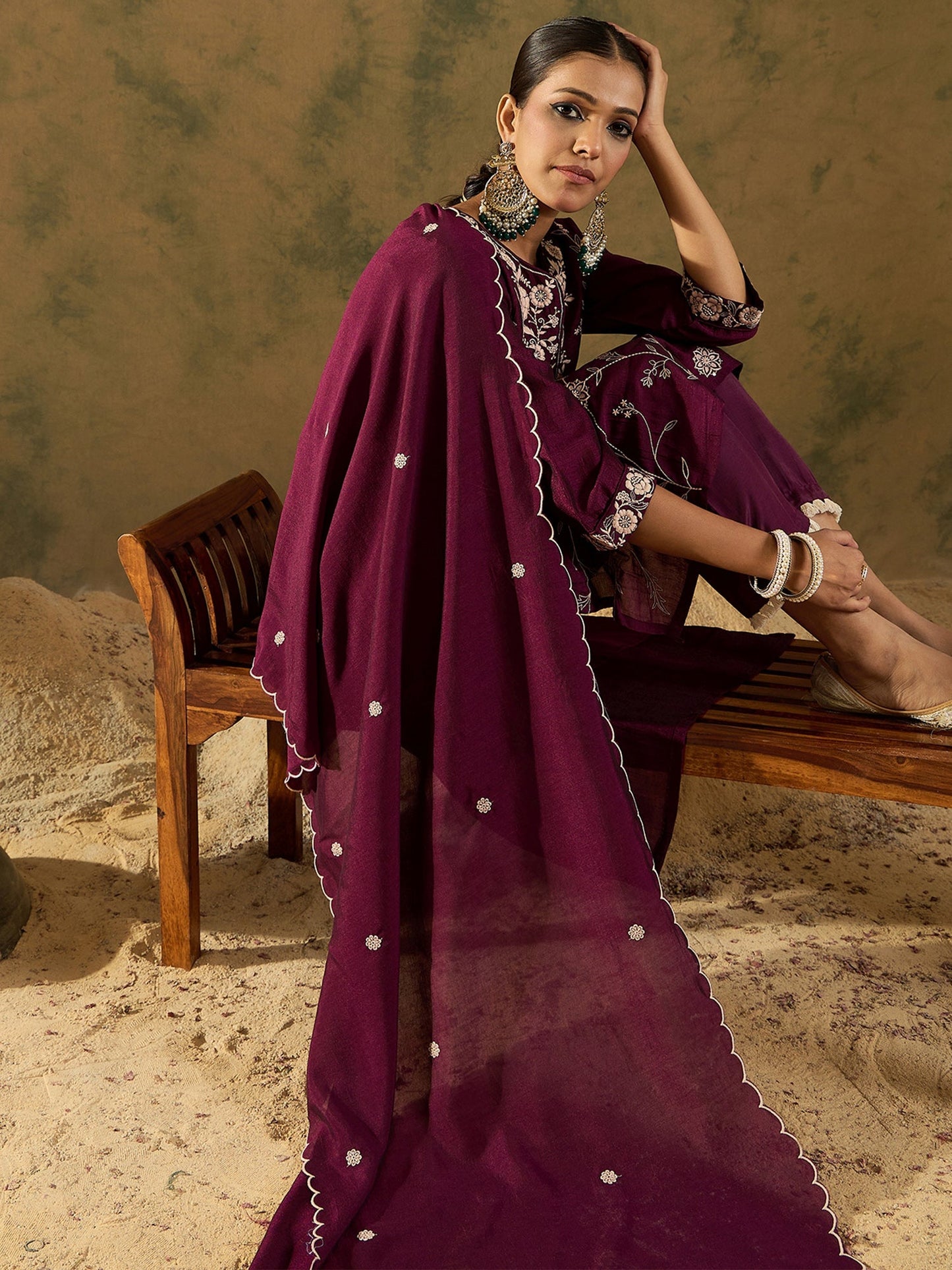 Indo Era Burgandy Straight Embroidered Kurta Trousers With Dupatta Set