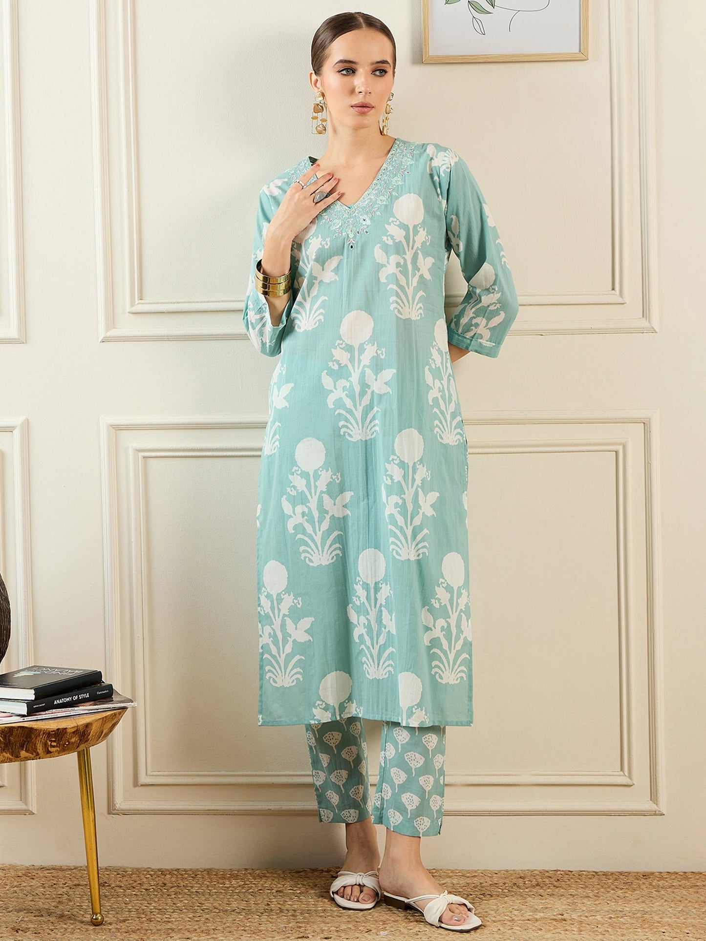 Indo Era Green Printed Straight Kurta Trousers With Dupatta set