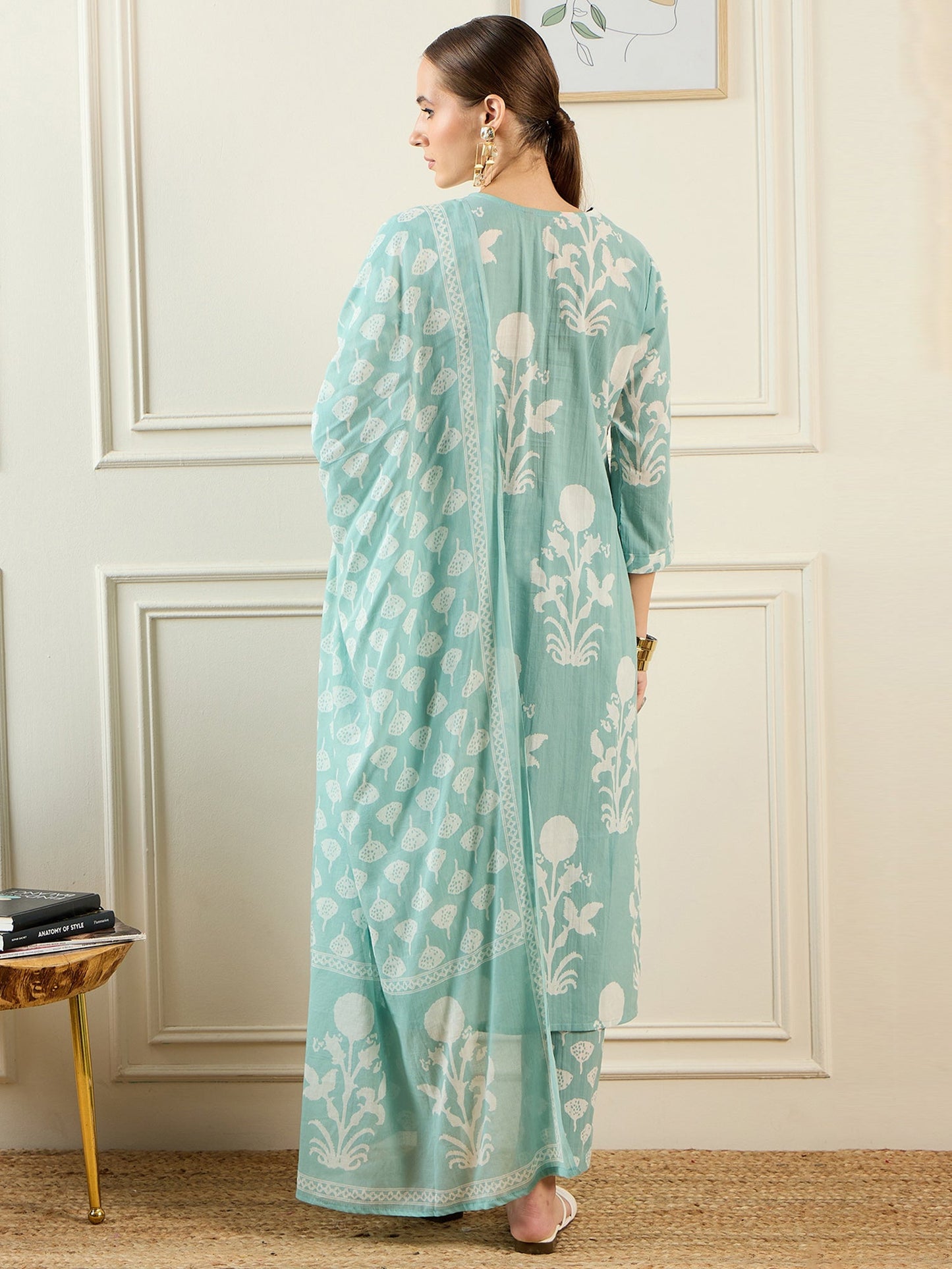 Indo Era Green Printed Straight Kurta Trousers With Dupatta set