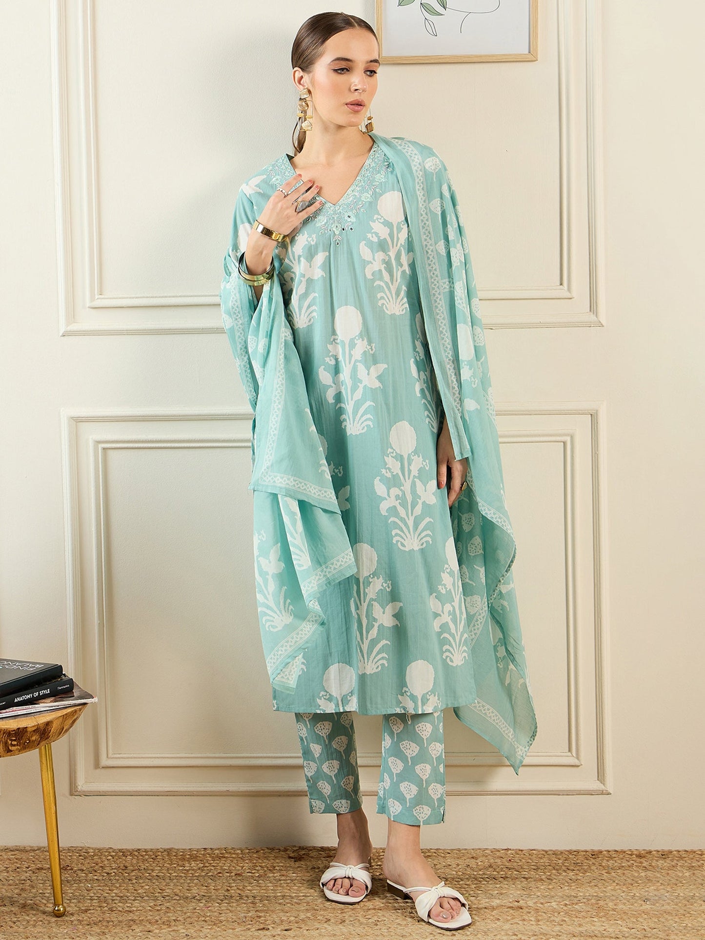 Indo Era Green Printed Straight Kurta Trousers With Dupatta set